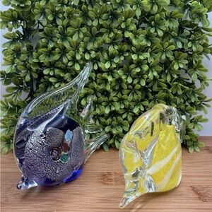 Set Of 2 - Studio Art Glass Tropical Fish Paperweight Millefiori Blue / Yellow